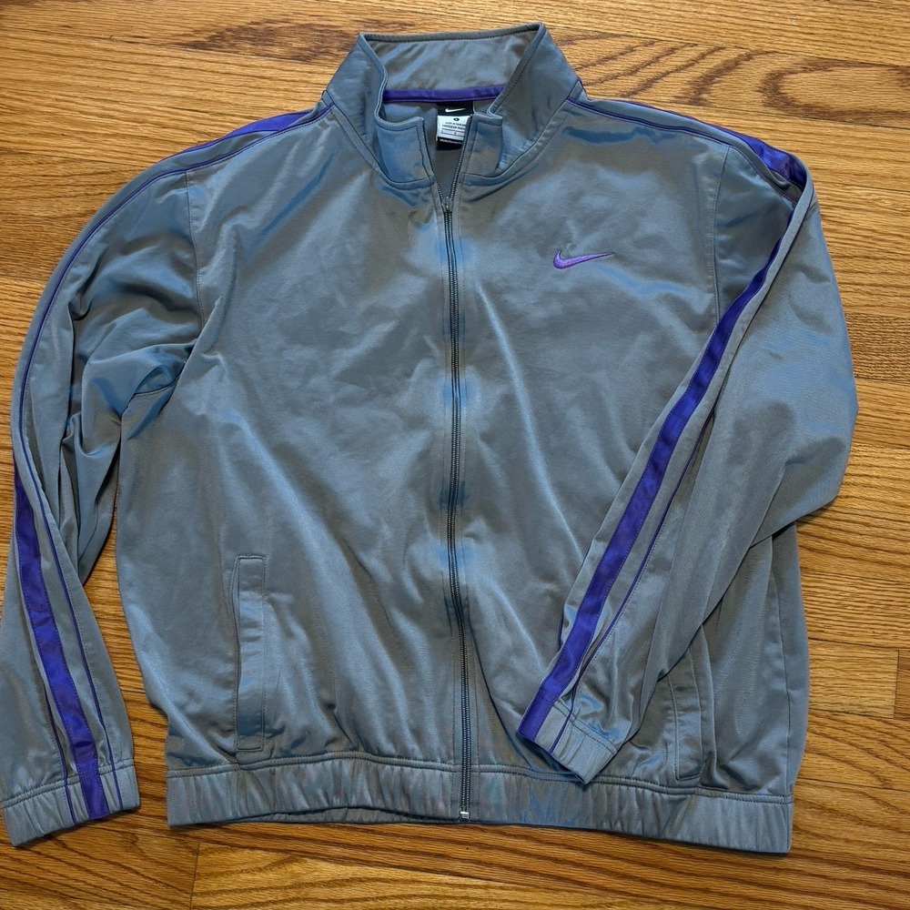 Mens Nike Dri Fit Jacket Size Large Grey Purple Stripe Full Zip Running Track